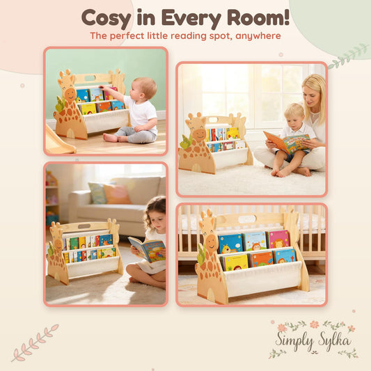 Montessori Giraffe Bookshelf, 2-Tier Wooden Nursery Storage, Double-Sided Kids Bookcase