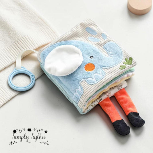 Soft Elephant Baby Sensory Cloth Book, Early Learning Activity Toy, Baby-Safe