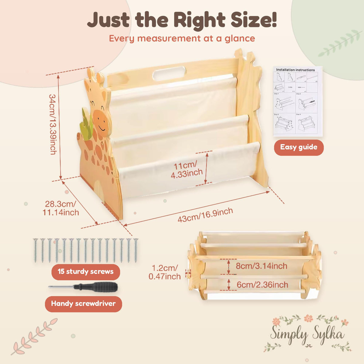 Montessori Giraffe Bookshelf, 2-Tier Wooden Nursery Storage, Double-Sided Kids Bookcase