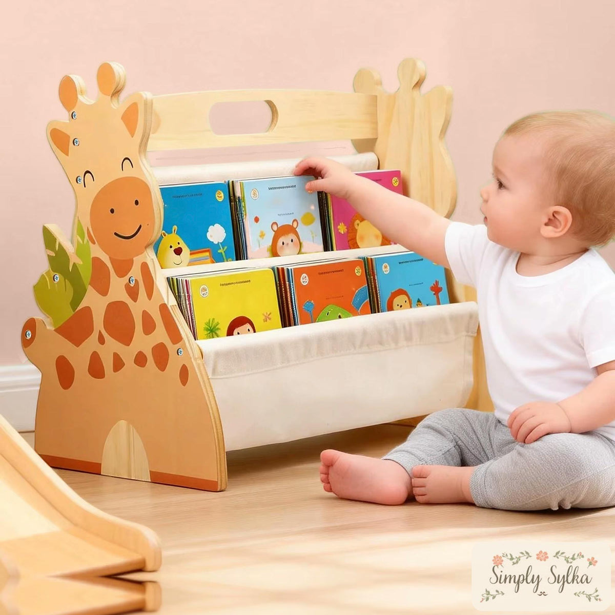 Montessori Giraffe Bookshelf, 2-Tier Wooden Nursery Storage, Double-Sided Kids Bookcase