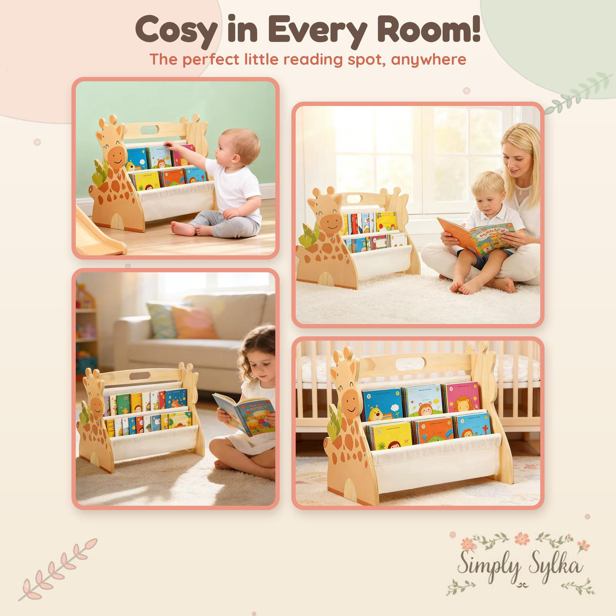 Montessori Giraffe Bookshelf, 2-Tier Wooden Nursery Storage, Double-Sided Kids Bookcase