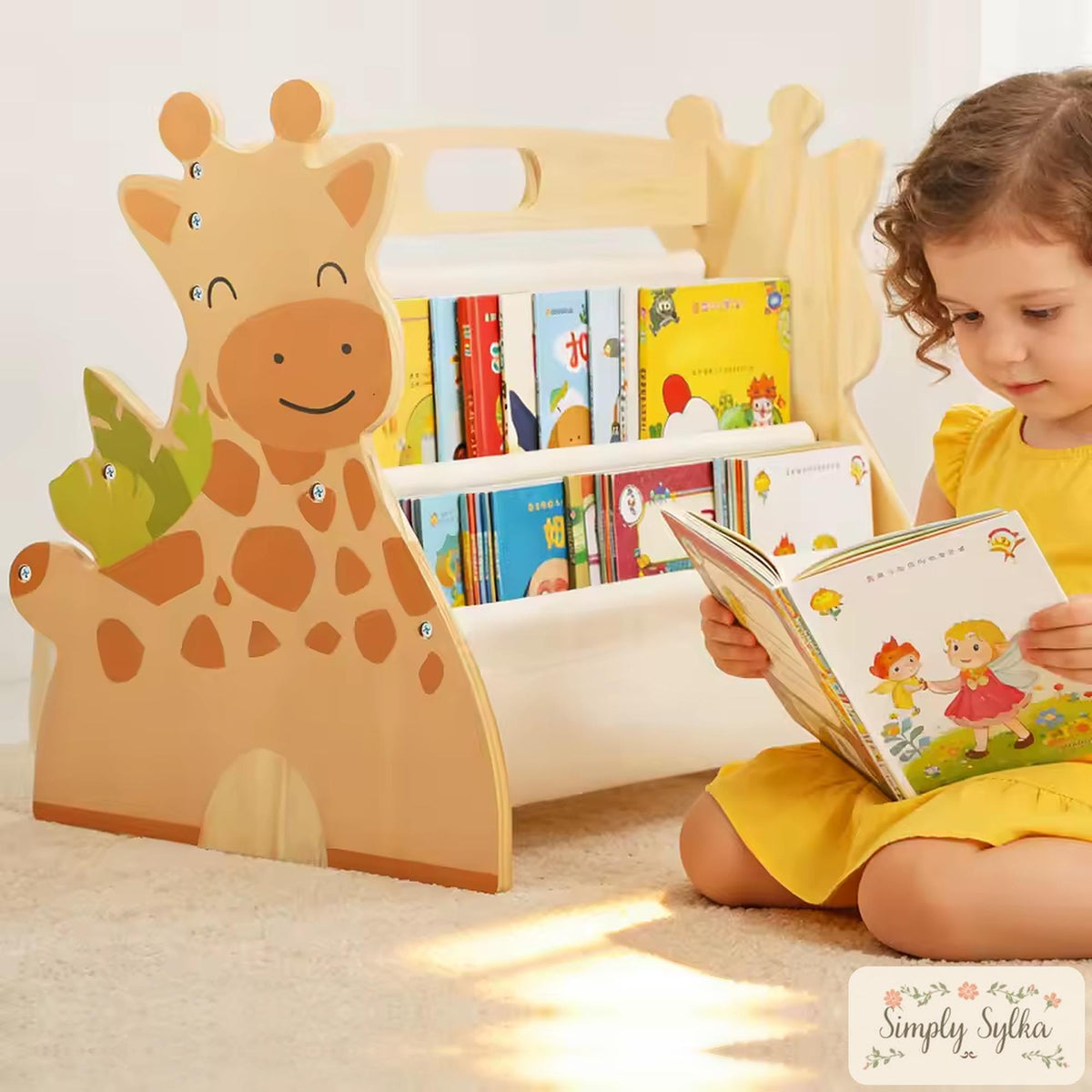 Montessori Giraffe Bookshelf, 2-Tier Wooden Nursery Storage, Double-Sided Kids Bookcase