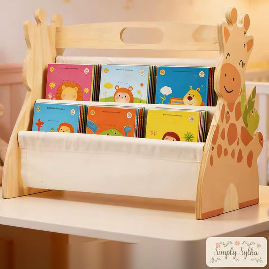 Montessori Giraffe Bookshelf, 2-Tier Wooden Nursery Storage, Double-Sided Kids Bookcase